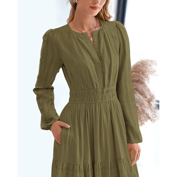 Women Army Green Long Sleeve V Neck Elastic Waist Lightweight Maxi Dress Pockets - Picture 6 of 8